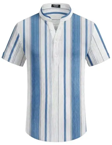 COOFANDY Men's Casual Henley Shirt Band Collar Short Sleeve Shirt Summer Beach Hippie T-Shirt - 5