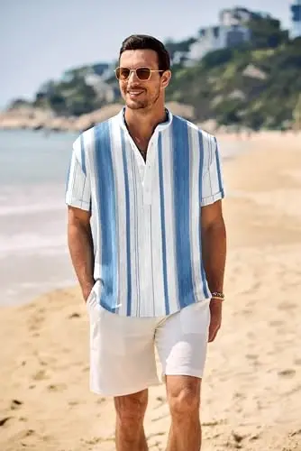 COOFANDY Men's Casual Henley Shirt Band Collar Short Sleeve Shirt Summer Beach Hippie T-Shirt - COOFANDY (1)
