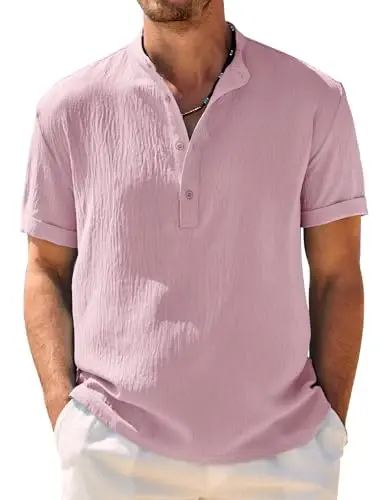 COOFANDY Men's Casual Henley Shirt Band Collar Short Sleeve Shirt Summer Beach Hippie T-Shirt - COOFANDY