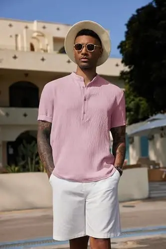 COOFANDY Men's Casual Henley Shirt Band Collar Short Sleeve Shirt Summer Beach Hippie T-Shirt - 4