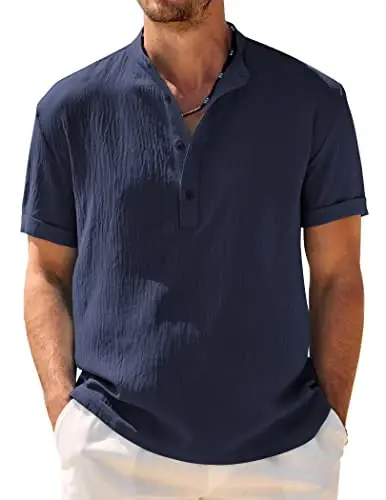 COOFANDY Men's Casual Henley Shirt Band Collar Short Sleeve Shirt Summer Beach Hippie T-Shirt - 1