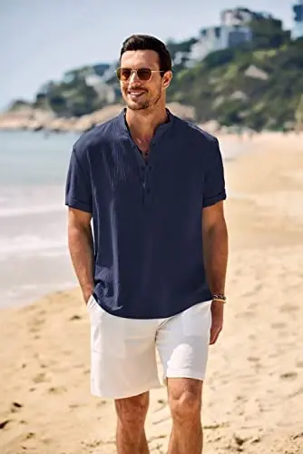 COOFANDY Men's Casual Henley Shirt Band Collar Short Sleeve Shirt Summer Beach Hippie T-Shirt - COOFANDY (1)