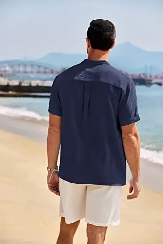 COOFANDY Men's Casual Henley Shirt Band Collar Short Sleeve Shirt Summer Beach Hippie T-Shirt - 3