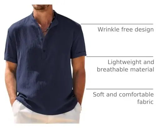 COOFANDY Men's Casual Henley Shirt Band Collar Short Sleeve Shirt Summer Beach Hippie T-Shirt - 4