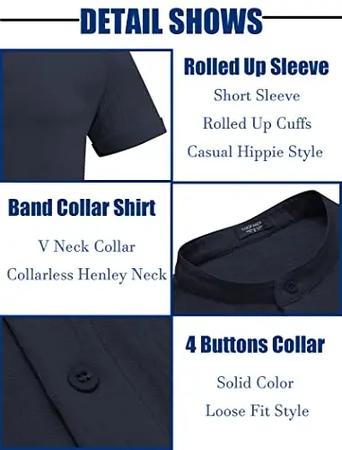 COOFANDY Men's Casual Henley Shirt Band Collar Short Sleeve Shirt Summer Beach Hippie T-Shirt - 6