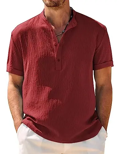 COOFANDY Men's Casual Henley Shirt Band Collar Short Sleeve Shirt Summer Beach Hippie T-Shirt - 1
