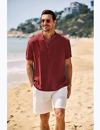 COOFANDY Men's Casual Henley Shirt Band Collar Short Sleeve Shirt Summer Beach Hippie T-Shirt - COOFANDY (1)