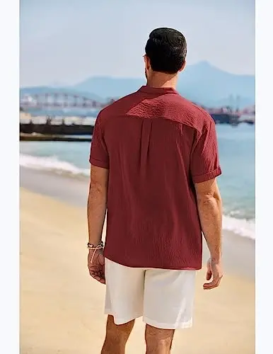 COOFANDY Men's Casual Henley Shirt Band Collar Short Sleeve Shirt Summer Beach Hippie T-Shirt - 3