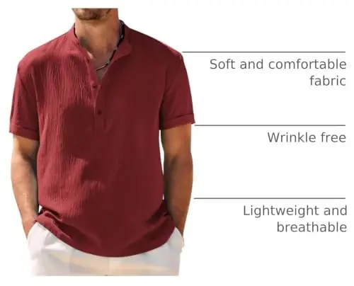 COOFANDY Men's Casual Henley Shirt Band Collar Short Sleeve Shirt Summer Beach Hippie T-Shirt - 4