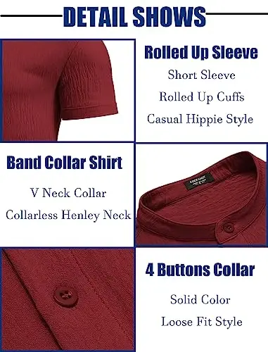 COOFANDY Men's Casual Henley Shirt Band Collar Short Sleeve Shirt Summer Beach Hippie T-Shirt - 6