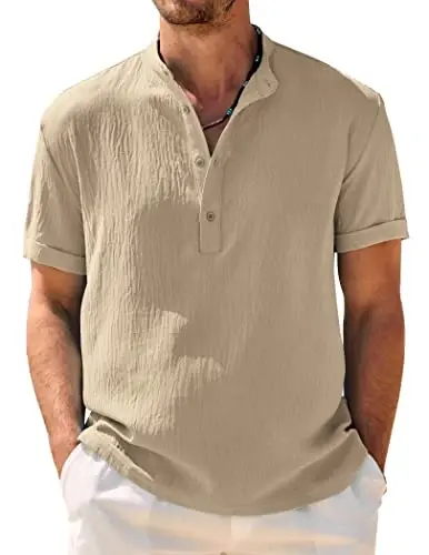 COOFANDY Men's Casual Henley Shirt Band Collar Short Sleeve Shirt Summer Beach Hippie T-Shirt - 1