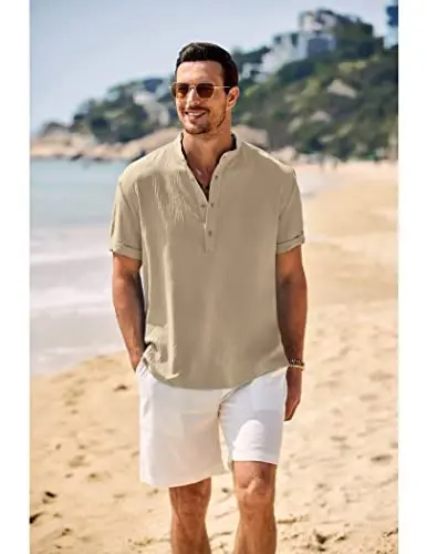 COOFANDY Men's Casual Henley Shirt Band Collar Short Sleeve Shirt Summer Beach Hippie T-Shirt - COOFANDY (1)