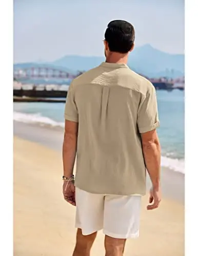 COOFANDY Men's Casual Henley Shirt Band Collar Short Sleeve Shirt Summer Beach Hippie T-Shirt - 3