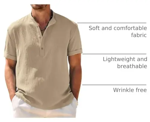 COOFANDY Men's Casual Henley Shirt Band Collar Short Sleeve Shirt Summer Beach Hippie T-Shirt - 4