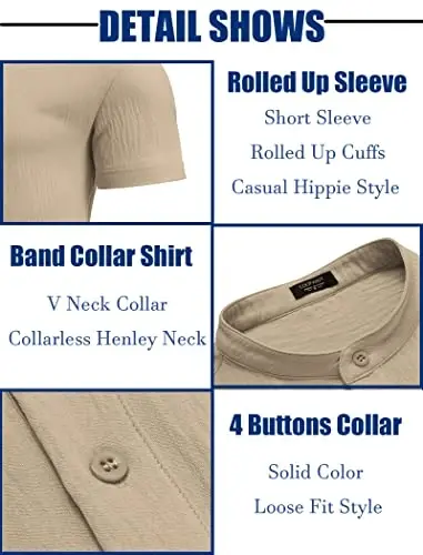 COOFANDY Men's Casual Henley Shirt Band Collar Short Sleeve Shirt Summer Beach Hippie T-Shirt - 6