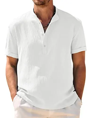 COOFANDY Men's Casual Henley Shirt Band Collar Short Sleeve Shirt Summer Beach Hippie T-Shirt - COOFANDY
