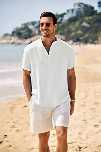 COOFANDY Men's Casual Henley Shirt Band Collar Short Sleeve Shirt Summer Beach Hippie T-Shirt - COOFANDY (1)