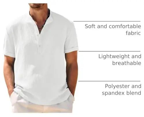 COOFANDY Men's Casual Henley Shirt Band Collar Short Sleeve Shirt Summer Beach Hippie T-Shirt - 4