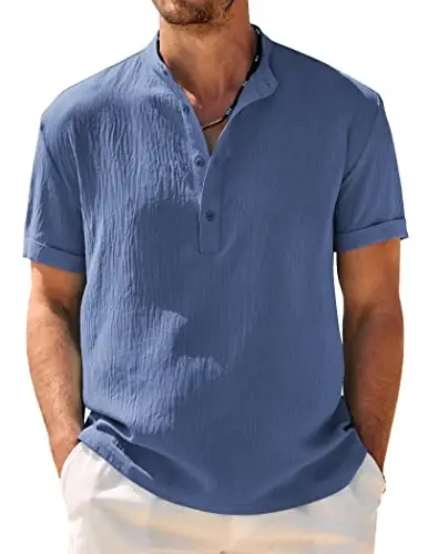 COOFANDY Men's Casual Henley Shirt Band Collar Short Sleeve Shirt Summer Beach Hippie T-Shirt - COOFANDY