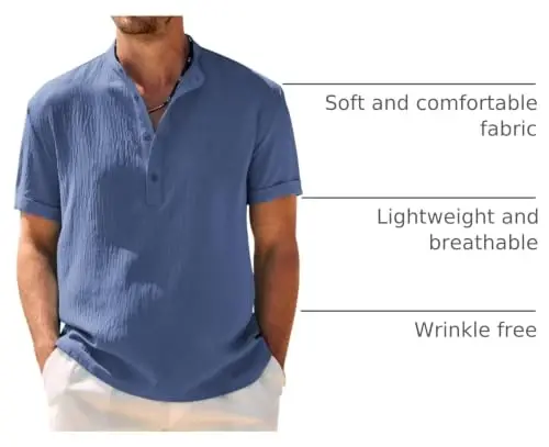 COOFANDY Men's Casual Henley Shirt Band Collar Short Sleeve Shirt Summer Beach Hippie T-Shirt - 4
