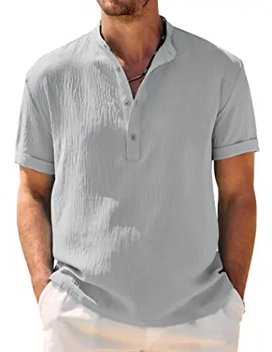COOFANDY Men's Casual Henley Shirt Band Collar Short Sleeve Shirt Summer Beach Hippie T-Shirt - COOFANDY