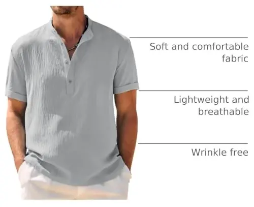 COOFANDY Men's Casual Henley Shirt Band Collar Short Sleeve Shirt Summer Beach Hippie T-Shirt - 4