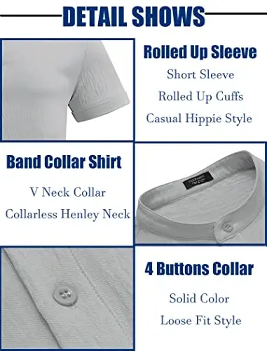 COOFANDY Men's Casual Henley Shirt Band Collar Short Sleeve Shirt Summer Beach Hippie T-Shirt - 6