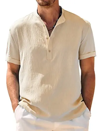 COOFANDY Men's Casual Henley Shirt Band Collar Short Sleeve Shirt Summer Beach Hippie T-Shirt - COOFANDY