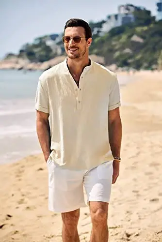 COOFANDY Men's Casual Henley Shirt Band Collar Short Sleeve Shirt Summer Beach Hippie T-Shirt - 2