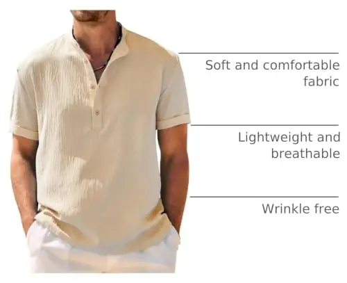 COOFANDY Men's Casual Henley Shirt Band Collar Short Sleeve Shirt Summer Beach Hippie T-Shirt - 4