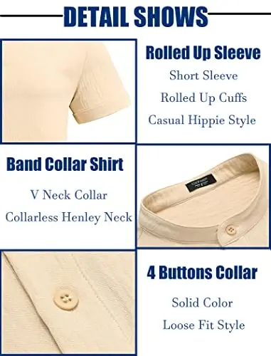 COOFANDY Men's Casual Henley Shirt Band Collar Short Sleeve Shirt Summer Beach Hippie T-Shirt - 6