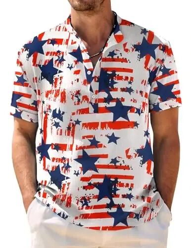 COOFANDY Men's Casual Henley Shirt Band Collar Short Sleeve Shirt Summer Beach Hippie T-Shirt - COOFANDY