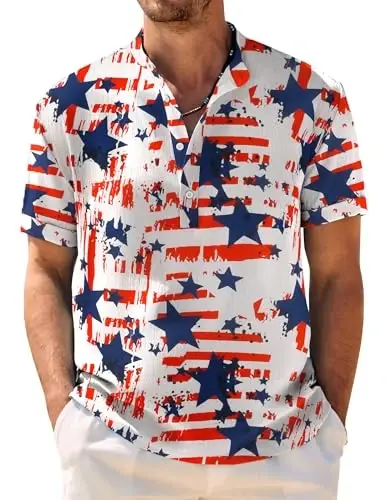 COOFANDY Men's Casual Henley Shirt Band Collar Short Sleeve Shirt Summer Beach Hippie T-Shirt - 1