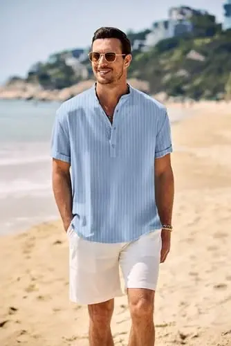 COOFANDY Men's Casual Henley Shirt Band Collar Short Sleeve Shirt Summer Beach Hippie T-Shirt - COOFANDY (1)