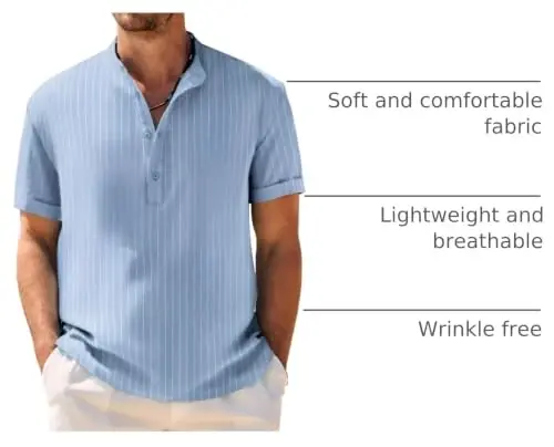 COOFANDY Men's Casual Henley Shirt Band Collar Short Sleeve Shirt Summer Beach Hippie T-Shirt - 4