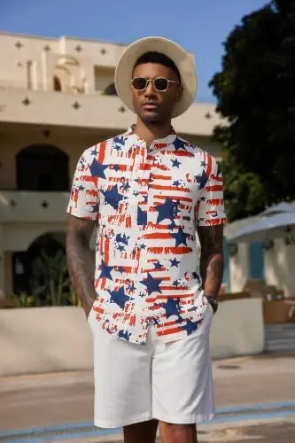 COOFANDY Men's Casual Henley Shirt Band Collar Short Sleeve Shirt Summer Beach Hippie T-Shirt - 6
