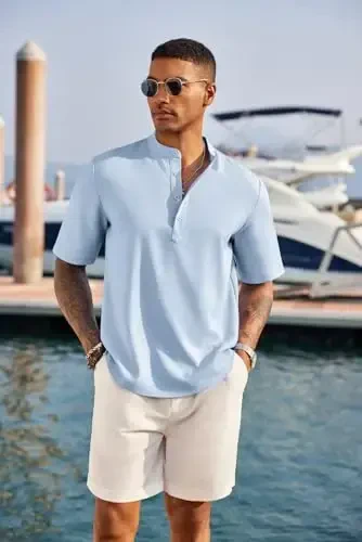 COOFANDY Men's Casual Henley Shirt Short Sleeve Band Collar Linen Shirt Summer Beach Hippie T-Shirts - 2