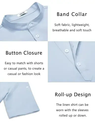 COOFANDY Men's Casual Henley Shirt Short Sleeve Band Collar Linen Shirt Summer Beach Hippie T-Shirts - 5
