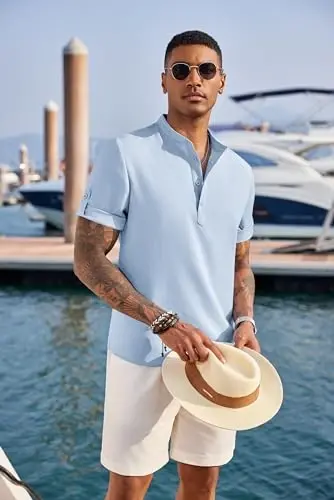 COOFANDY Men's Casual Henley Shirt Short Sleeve Band Collar Linen Shirt Summer Beach Hippie T-Shirts - 4