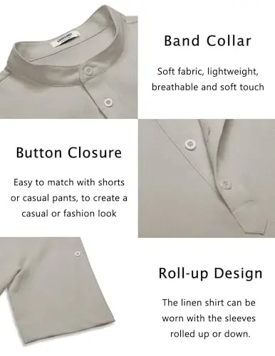 COOFANDY Men's Casual Henley Shirt Short Sleeve Band Collar Linen Shirt Summer Beach Hippie T-Shirts - 5