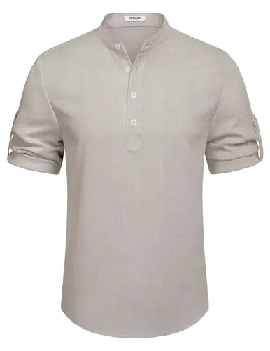 COOFANDY Men's Casual Henley Shirt Short Sleeve Band Collar Linen Shirt Summer Beach Hippie T-Shirts - 6