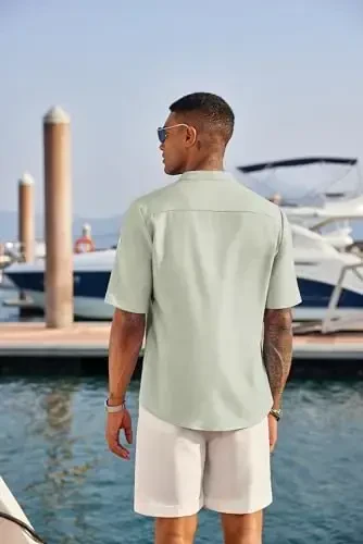 COOFANDY Men's Casual Henley Shirt Short Sleeve Band Collar Linen Shirt Summer Beach Hippie T-Shirts - 3