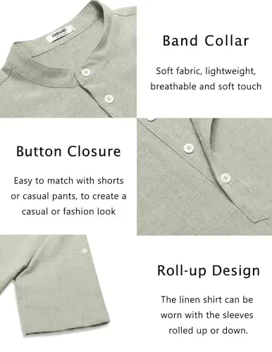 COOFANDY Men's Casual Henley Shirt Short Sleeve Band Collar Linen Shirt Summer Beach Hippie T-Shirts - 5