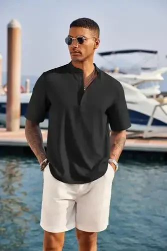 COOFANDY Men's Casual Henley Shirt Short Sleeve Band Collar Linen Shirt Summer Beach Hippie T-Shirts - 2
