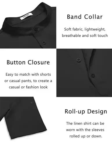 COOFANDY Men's Casual Henley Shirt Short Sleeve Band Collar Linen Shirt Summer Beach Hippie T-Shirts - 5