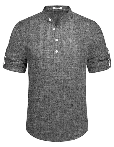 COOFANDY Men's Casual Henley Shirt Short Sleeve Band Collar Linen Shirt Summer Beach Hippie T-Shirts - 6