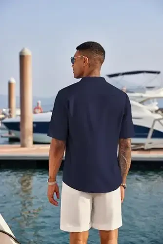 COOFANDY Men's Casual Henley Shirt Short Sleeve Band Collar Linen Shirt Summer Beach Hippie T-Shirts - 3