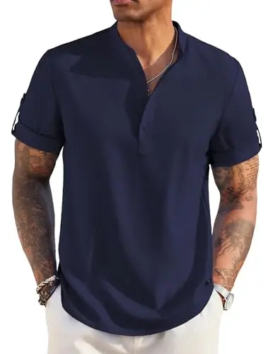 COOFANDY Men's Casual Henley Shirt Short Sleeve Band Collar Linen Shirt Summer Beach Hippie T-Shirts 