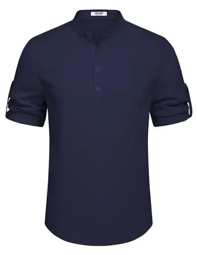 COOFANDY Men's Casual Henley Shirt Short Sleeve Band Collar Linen Shirt Summer Beach Hippie T-Shirts - 6