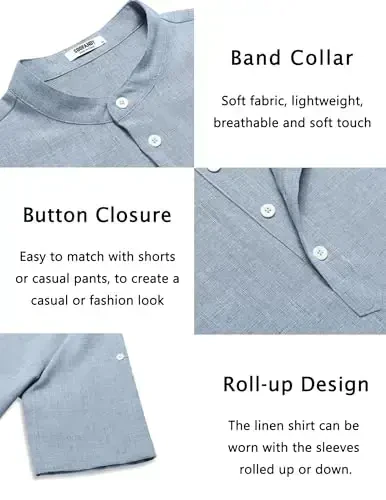 COOFANDY Men's Casual Henley Shirt Short Sleeve Band Collar Linen Shirt Summer Beach Hippie T-Shirts - 5